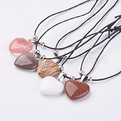 Adjustable Cotton Waxed Cord Pendant Necklaces, with Natural & Synthetic Mixed Gemstone and Brass Findings, Heart, 14.5 inch~31.8 inch (37~81cm)