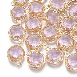 Glas Anhänger / charms, mit Messing-Zubehör, facettiert, flach rund mit Herz, golden, Perle rosa, 14x11.5x4.5 mm, Bohrung: 1.5 mm