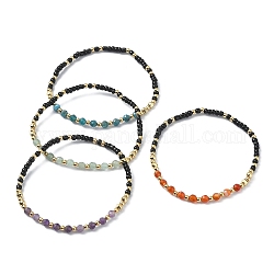 Ensemble de bracelets extensibles en perles de laiton et pierres précieuses naturelles mélangées, 4 styles, 4 pièce, diamètre intérieur: 2-1/4 pouce (5.85 cm), 1pc / style