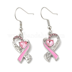 Orecchini pendenti in lega di nastro rosa per la consapevolezza del cancro al seno di ottobre con strass, platino, 40x11.5mm