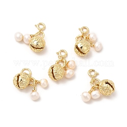 Fermoir anneau à ressort cloche en laiton breloques, avec des perles rondes en perles naturelles, véritable 14k plaqué or, 25mm, perle: 25x5.5 mm, Bell: 23x9.5 mm