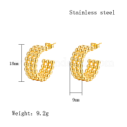 304 Stainless Steel Round Stud Earrings, Half Hoop Earrings, Real 18K Gold Plated, 18x9mm