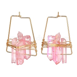 Electroplated Natural Quartz Wire Wrapped Earrings for Girl Women, Golden Trapezoid Brass Hoop Earrings, Pink, 36~40x25x10~13mm, Pin: 0.7mm