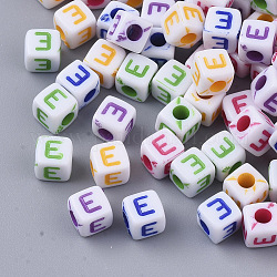 White Opaque Acrylic Beads, Horizontal Hole, Cube with Mixed Color Letter, Letter.E, 5x5x5mm, Hole: 2mm, about 5000pcs/500g