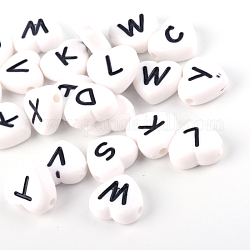 Perles de lettre à trou horizontal coeur acrylique opaque, blanc, 10.5x11.5x4.5mm, Trou: 2mm, 1200 pcs / 500 g