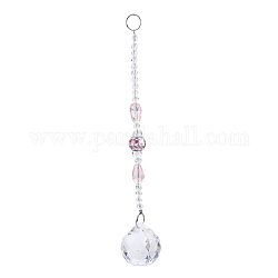 Faceted Crystal Glass Ball Chandelier Suncatchers Prisms, with Alloy Beads, Pink, 190mm