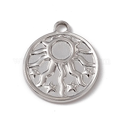 304 Stainless Steel Pendant Cabochon Settings, Flat Round with Sun, Stainless Steel Color, Tray: 5mm, 21x18x2mm, Hole: 2.3mm