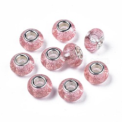 Résine transparente perles européennes, Perles avec un grand trou   , avec noyaux doubles en laiton ton platine et poudre scintillante, rondelle, flamant, 13.5x8.5mm, Trou: 5mm