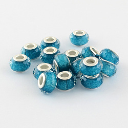 Large Hole Resin European Beads, with Silver Color Plated Brass Double Cores, Faceted Rondelle, Dark Turquoise, 14x9mm, Hole: 5mm
