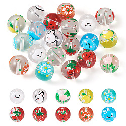 Pandahall 20pcs 10 colores perlas de vidrio transparente, con patrón de esmalte de flores y nubes y flores y frutas y conejos, redondo, color mezclado, 14~15x13~13.5mm, agujero: 1.5~1.6 mm, 2 piezas / color