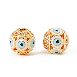 Laiton micro pavé de perles de zircone cubique claires, avec l'émail, or, ronde avec le mauvais œil, cyan, 10mm, Trou: 2mm