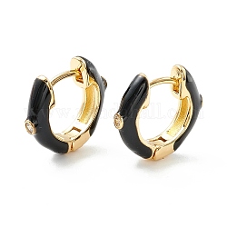 Clear Cubic Zirconia Chunky Hinged Hoop Earrings with Enamel, Brass Jewelry for Women, Cadmium Free & Nickel Free & Lead Free, Real 18K Gold Plated, Black, 16x4mm, Pin: 1mm