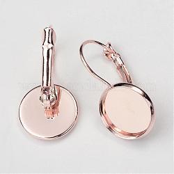 Brass Leverback Earring Findings, with Flat Round Tray, Rose Gold, Tray: 16mm, 27x18mm, Pin: 1mm