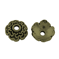Tapas de abalorios de aleación de estilo tibetano, sin plomo y cadmio, flor, Bronce antiguo, 7x3mm, agujero: 1 mm, aproximamente 5263 unidades / 1000 g