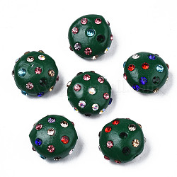 Perline strass polimero argilla, perline palla di disco, rotondo e piatto, verde scuro, 11~12x7mm, Foro: 1.4 mm, strass: pp15 (2.1~2.2mm)