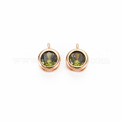 Brass Charms, with Rhinestone, Nickel Free, Flat Round, Real 18K Gold Plated, Olivine, 7x5x3mm, Hole: 1mm