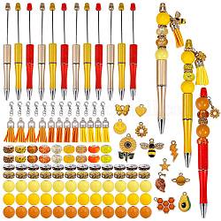 DIY Beadable Pen Making Kit, Including Natural Wood & Glass & Polymer Clay & Resin & European Beads, Plastic Ball-Point Pens, Heart & Smiling Face & Bees Alloy Enamel & Tassel Pendants, Yellow, 142Pcs/box