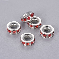 Perles européennes en alliage avec strass, Perles avec un grand trou   , rondelle, de couleur métal platine , light siam, 11x4mm, Trou: 4.3mm