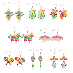 ANATTASOUL 8 Pairs 8 Styles Cactus & Avocado & Horse Acrylic Dangle Earrings, Platinum Iron Cinco de Mayo Jewelry for Women, Mixed Color, 35~63mm, Pin: 0.8mm, 1 Pair/style