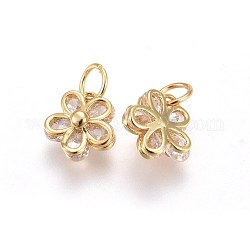 Brass Cubic Zirconia Charms, Long-Lasting Plated, Flower, Clear, Real 18K Gold Plated, 9.8x9x4.2mm, Hole: 3.5mm
