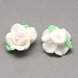 Handmade Polymer Clay 3D Flower with Leaf Beads, White, 12x10mm, Hole: 2mm