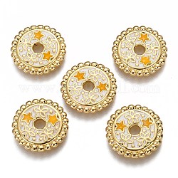 Perles en laiton émaillé, plat rond avec étoile & étoile jaune, véritable 18k plaqué or, chardon, 15.6x2mm, Trou: 2.7mm