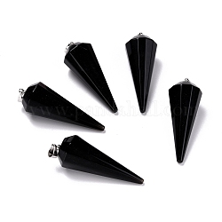 Pendentifs en obsidienne naturelle, avec les accessoires en laiton, facette, cône / pic / pendule, platine, 42~44x15~16mm, Trou: 3.6x4mm