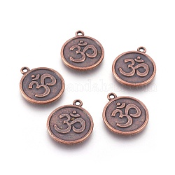 Tibetan Style Alloy Pendants, Aum/Om Symbol, Cadmium Free & Nickel Free & Lead Free, Flat Round, Red Copper, 21x18x2mm, Hole: 2mm