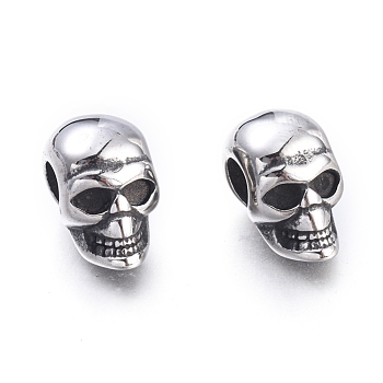 Halloween 304 Stainless Steel European Beads, Large Hole Beads, Skull Head, Antique Silver, 16x9.5x13mm, Hole: 5mm