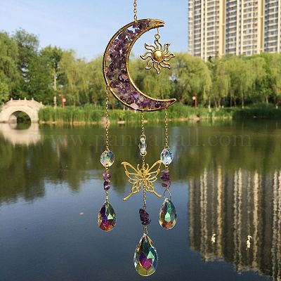 Puce d'améthyste naturelle et attrape-soleil suspendus en métal en forme de  lune en gros pour création de bijoux 