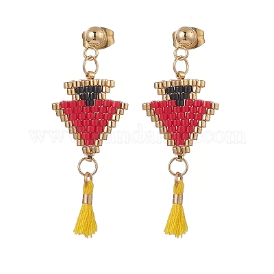 Wholesale Glass Seed Braided Triangle with Cotton Tassel Dangle