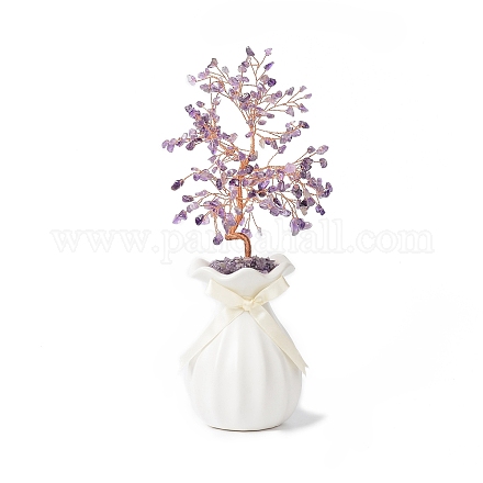 Trucioli di ametista naturale con albero dei soldi in filo avvolto in ottone su decorazioni per display in vaso di ceramica DJEW-B007-01B-1