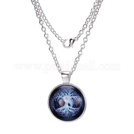 Yin Yang with Tree of Life Pattern Flat Round Glass Pendant Necklaces X-NJEW-N0051-010I-02-1