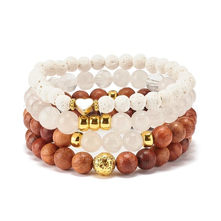 4 pièces 4 style cristal de quartz naturel et roche de lave et bois bracelets extensibles perlés ronds sertis de coeur BJEW-JB07623-1