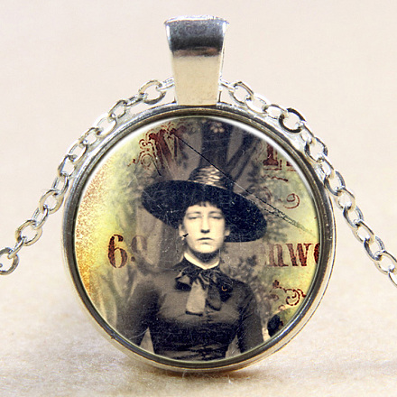 Flat Round with Halloween Woman Glass Alloy Pendant Necklaces NJEW-N0051-053C-02-1