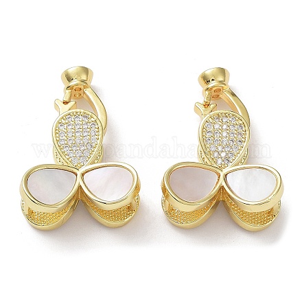 Rack Plating Brass Micro Pave Clear Cubic Zirconia Fold Over Clover Clasps KK-F858-10G-1