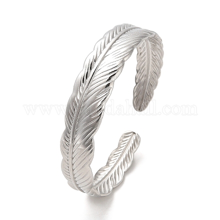 304 Stainless Steel Feather Cuff Bangles BJEW-G694-01P-1
