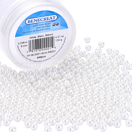 Benecreat 6mm umweltgefärbte perlmuttfarbene Glasperle runde Perle für die Schmuckherstellung mit Perlenbehälter (weiß HY-BC0001-6mm-RB001-1