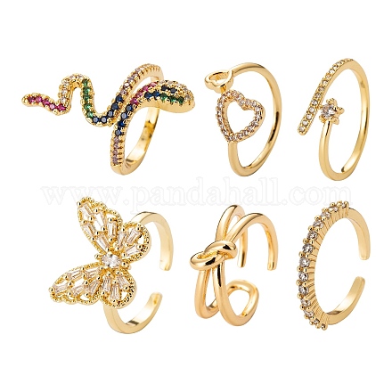 6Pcs 6 Style Brass Micro Pave Clear Cubic Zirconia Cuff Rings RJEW-LS0001-17G-1