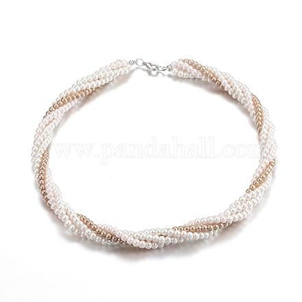 Round Glass Pearl Beaded Necklaces NJEW-K077-11B-1