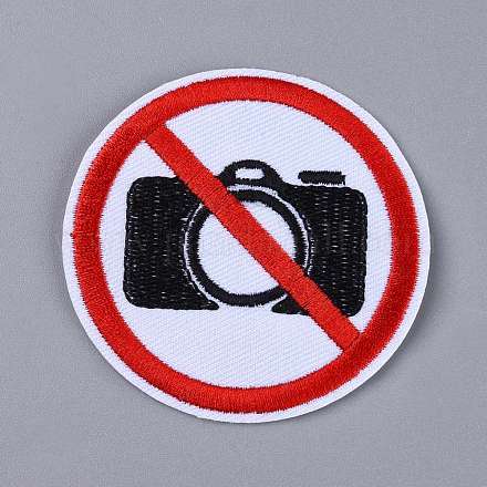 機械刺繍布地手縫い/アイロンワッペン  マスクと衣装のアクセサリー  禁止標識  カメラなしの赤い丸い標識  ホワイト  72x2mm DIY-I033-21G-1