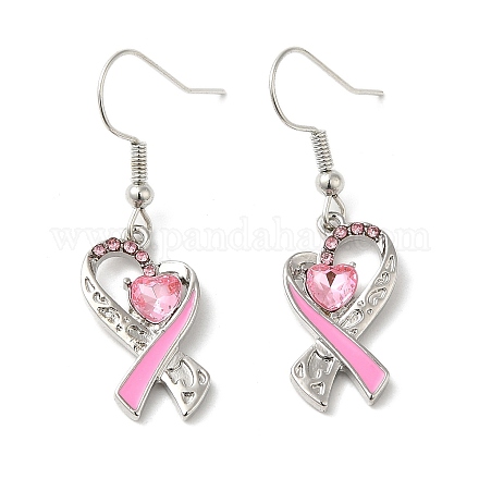 Boucles d'oreilles pendantes en alliage avec ruban rose de sensibilisation au cancer du sein d'octobre avec strass EJEW-Z027-01P-1