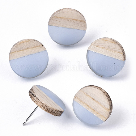 Orecchini a bottone in resina trasparente e legno EJEW-N017-003A-D01-1