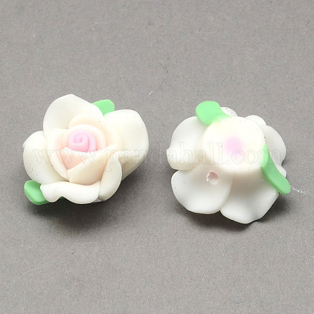Handmade Polymer Clay 3D Flower with Leaf Beads CLAY-Q202-12mm-01-1