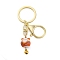 Fortune Cat Porcelain Pendant Keychain, with Iron Keychain Ring and Alloy Lobster Claw Clasps, Dark Orange, 8.5cm