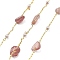 Natural Strawberry Quartz & Glass Link Chains, with Brass Chains, Rack Plating, Long-Lasting Plated, Lead Free & Cadmium Free, Real 18K Gold Plated, Soldered, with Spool, 3~4x4.5~11x4.5~11mm