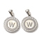 304 Stainless Steel Pendants, Flat Round Shell Charms with Letter, Stainless Steel Color, Letter W, 20.5x17.5x1.5mm, Hole: 2.5x4.5mm