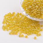 Perles de rocaille en verre rondes, trans. couleurs lustered, jaune, taille: environ 4mm de diamètre, Trou: 1.5mm, environ 496 pcs/50 g