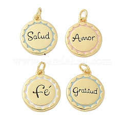 Colgantes de esmalte de latón, con anillo de salto, chapado en rack, sin plomo y cadmio, Plateado de larga duración, real 18k chapado en oro, Plano redondo con palabra fe/salud/gratitud/amor, color mezclado, 17.5x15x2mm, agujero: 3 mm