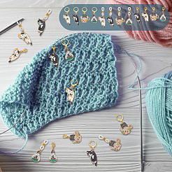 Maschenmarkierer und Nadelkappen-Set aus Emaille mit Katzenmotiv&nbsp;HJEW-NB00142